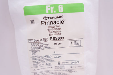 Terumo RSS603 Pinnacle Introducer Sheath Fr. 6, 10cm x 0.038inch (x)